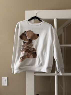 White Sweatshirt with Brown Patchwork Dog Graphic